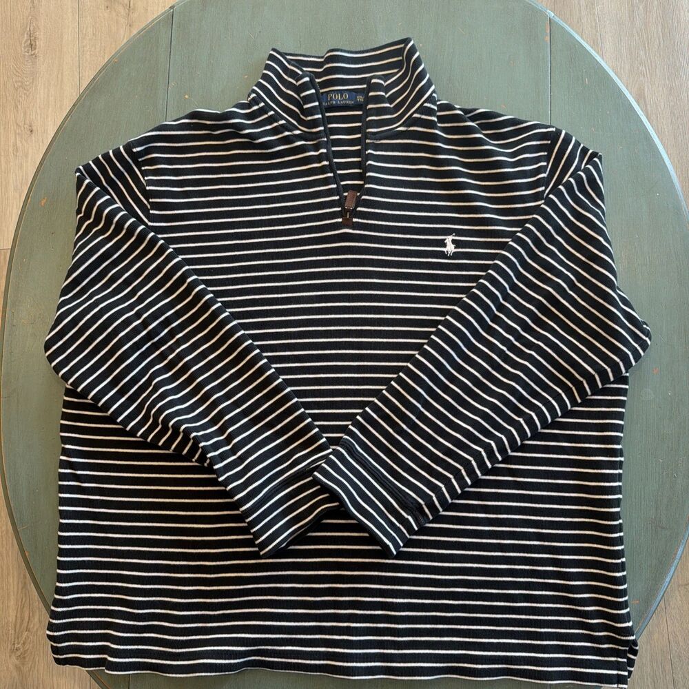 Polo Ralph Lauren Men’s XXL 1/4‎ Zip Pullover Sweater Black White Striped Cotton